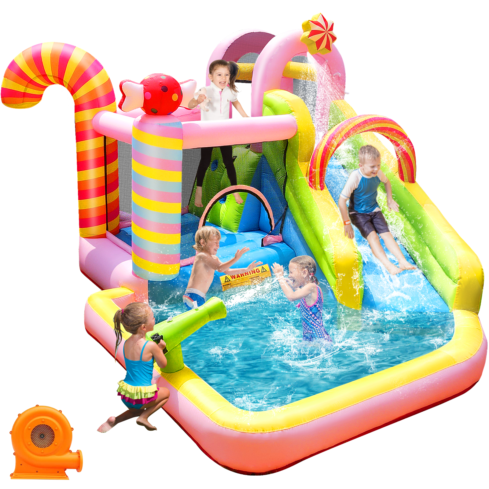 NBSPORT 6-in-1 Inflatable Bounce House & Water Slide Combo for Indoor & Outdoor, Sweet Candy Theme with Splash Pool, Slide and Air Blower