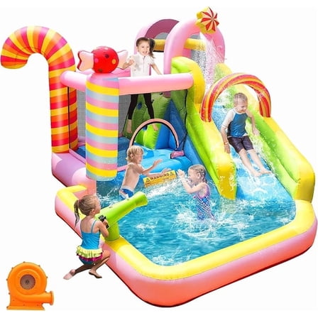 NBSPORT Inflatable Bounce House Water Slide 6-in-1 Sweet Candy Theme, Wet & Dry Combo with Splash Pool, Water Slide & 450W Blower Included