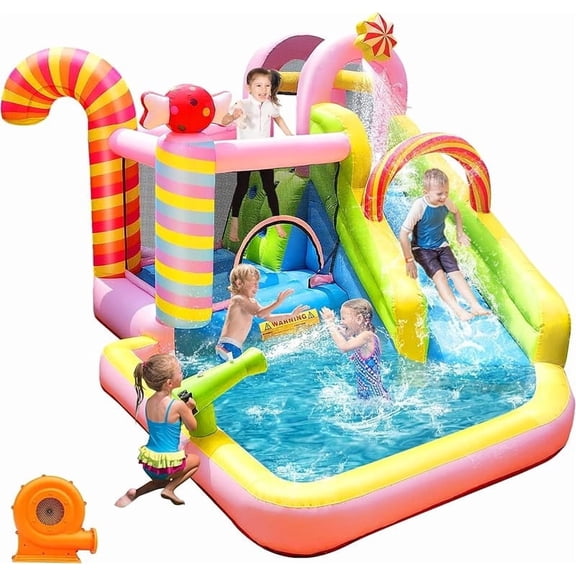 NBSPORT Inflatable Bounce House Water Slide 6-in-1 Sweet Candy Theme, Wet & Dry Combo with Splash Pool, Water Slide & 450W Blower Included