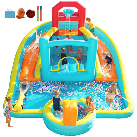 Inflatable Bounce House, Water Slide Park, Double Slides for Kids Indoor & Outdoor, Bouncer Castle with Deep Pool, Water Bucket, Water Cannon, Basketball Hoop