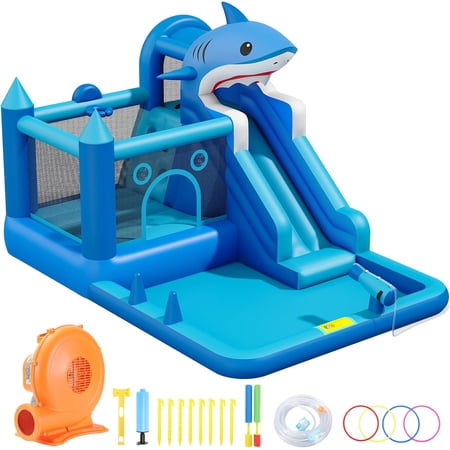 Inflatable Bounce House with Water Slide, Shark Bounce Castle with Blower, Climbing Wall, Trampoline, Water gu, Splash Pool, Basketball Hoop, Bounce Water Park for Kids Indoor Outdoor