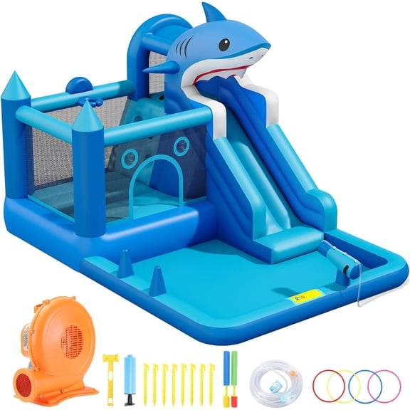 Inflatable Bounce House with Water Slide, Shark Bounce Castle with Blower, Climbing Wall, Trampoline, Water gu, Splash Pool, Basketball Hoop, Bounce Water Park for Kids Indoor Outdoor