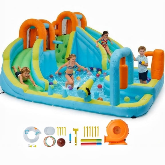 Inflatable Bounce House with Slide & Splash Pool, Kids Bouncy Castle with Water Slide, Basketball Hoop, Indoor Outdoor Backyard Play