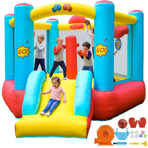 Inflatable Boxing Bounce House, 6-in-1 Kids Jumping Castle with Punching Bag & Boxing Gloves, Slide, Basketball, Target Toss, Blower Included, Indoor Outdoor Play