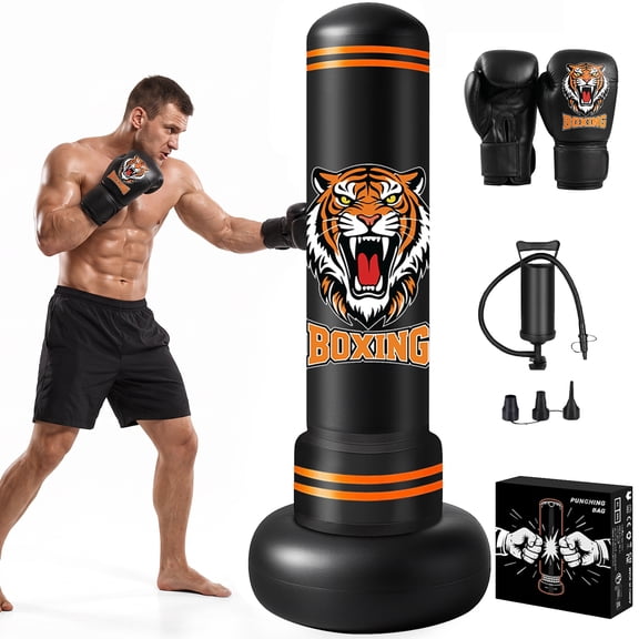 Oziral Freestanding Punching Bag for Adult & Youth, 6.2 Ft Inflatable Kickboxing Bag with Boxing Gloves, Men Standing Boxing Set with Pump, Black