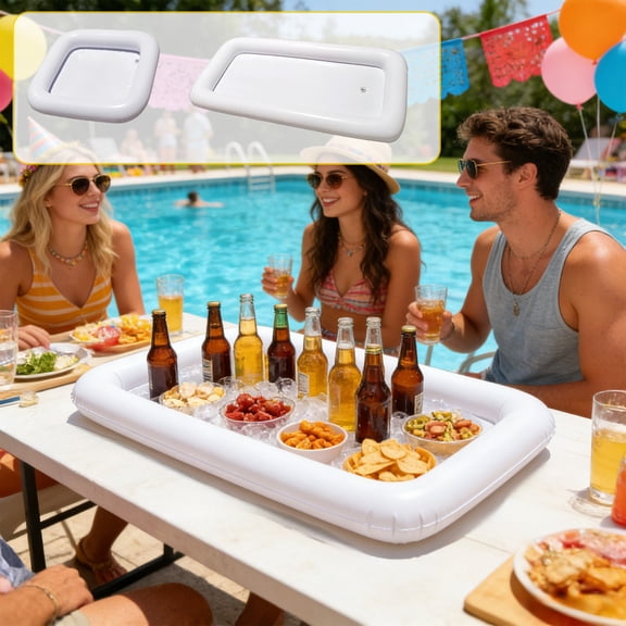 Inflatable Buffet Cooler Serving Tray – Holds 50+ Cans & Snacks, PVC Ice Bar for Pool Parties, BBQs & Picnics, Rectangle Design, Floating Drink Holder