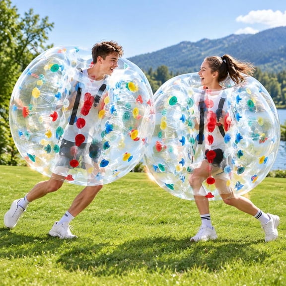 Inflatable Bumper Balls, 2-Pack 4FT Human Bubble Sumo Suits with Handles and Shoulder Straps, Clear with Dots for Outdoor Lawn Games