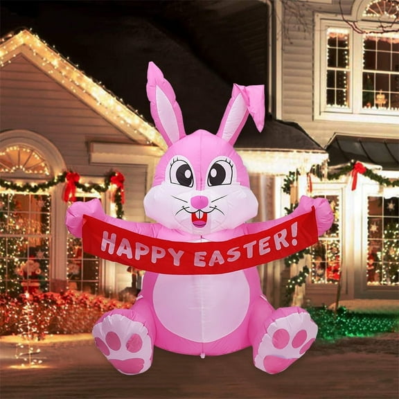 Inflatable Bunny Easter Outdoor Decoration, Blow Up Inflated Rabbit with LED Lights, Party Inflatable Bunny Spring Holiday Decor for Garden Lawn Patio