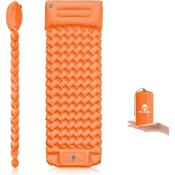 Inflatable Camping Mat with Built-in Foot Pump and Pillow, 4-Inch Thick Self-Inflating Sleeping Pad, Orange, Single Size