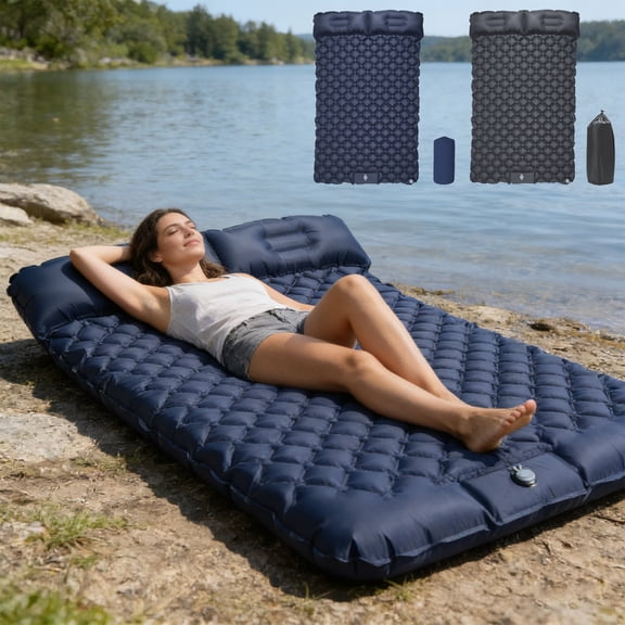 Inflatable Camping Sleeping Pad with Built-In Foot Pump, Waterproof Tear-Resistant Nylon Portable Air Mattress for Backpacking Hiking and Outdoor Travel (74.8 x 47.2 x 2 in)