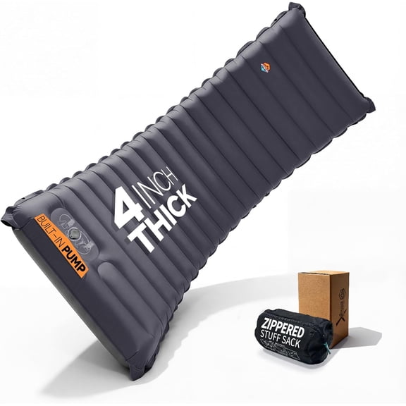 Inflatable Camping Sleeping Pad with Built-in Foot Pump, 4-Inch Thick Full Air Support, Nightshadow Gray, Regular Size