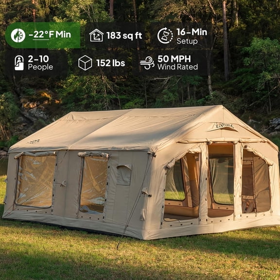 Inflatable Camping Tent for 2-10 Person 183 sq ft Large Family Glamping Tent with Pump Quick Setup Blow up Tent Waterproof Air Tent 4 Season Hot Tent with Stove Jack & Skylight, for Outdoor Glamping