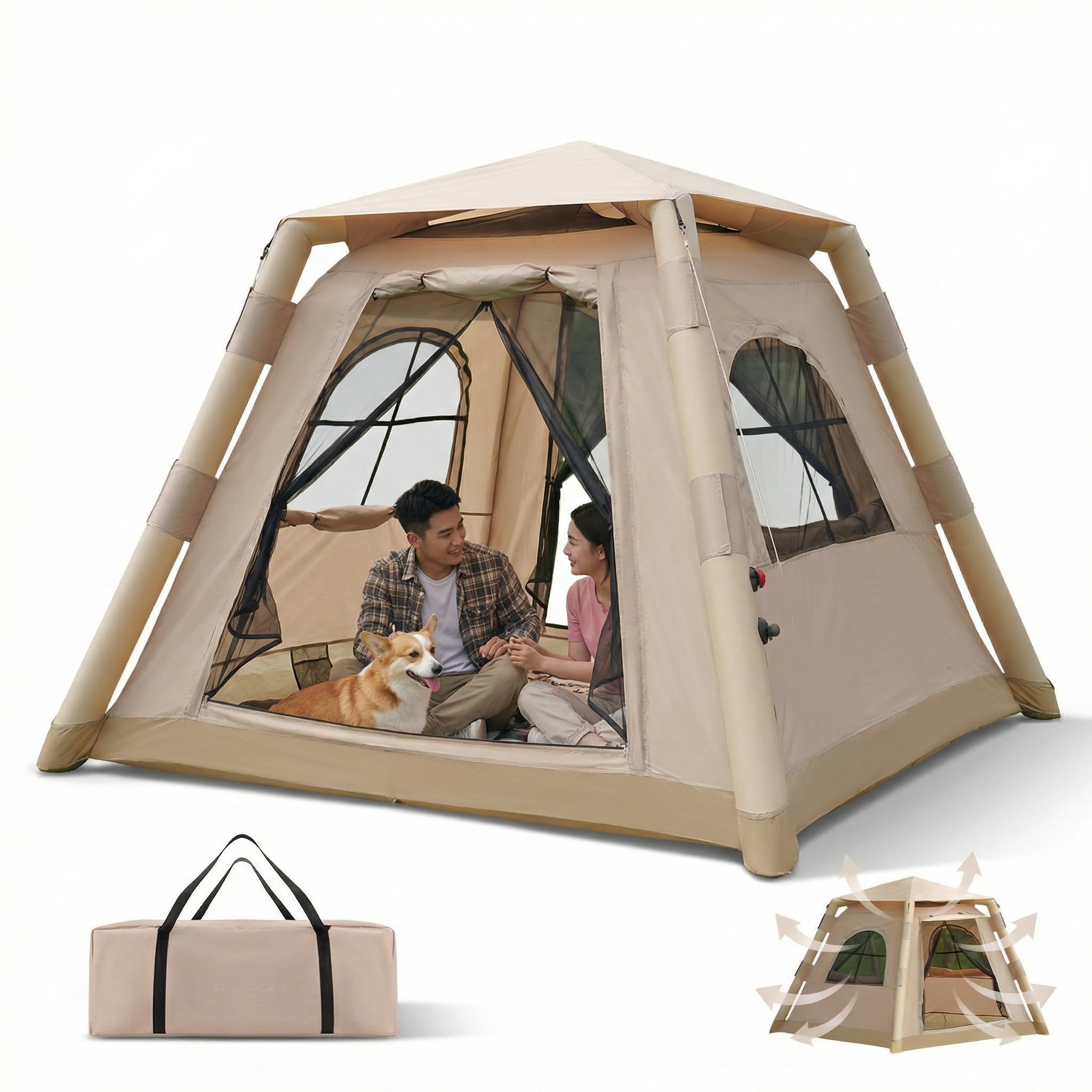 Inflatable Camping Tent for 2-4 Person, Waterproof Air Tent with Easy Setup, Instant Blow Up Family Tent for Outdoor Camping, Hiking & Travel, Includes Storage Bag & Manual Pump