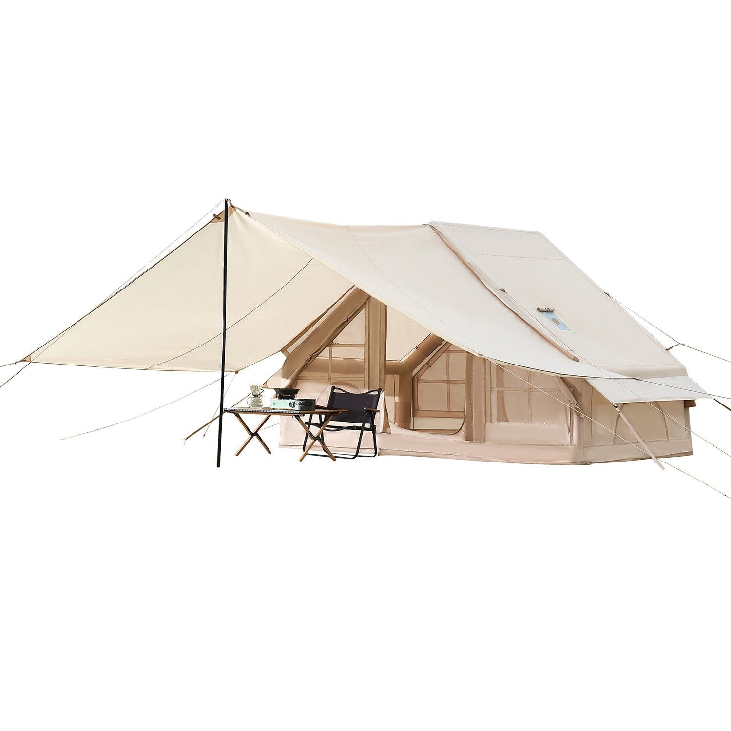 Inflatable Camping Tent for 3-5 People with Pump and Canopy, Waterproof 300D Oxford Fabric, Quick Setup 10-15 Minutes, All-Season Glamping Tent with Stove Jack, Windows, Doors, and Storage Bag