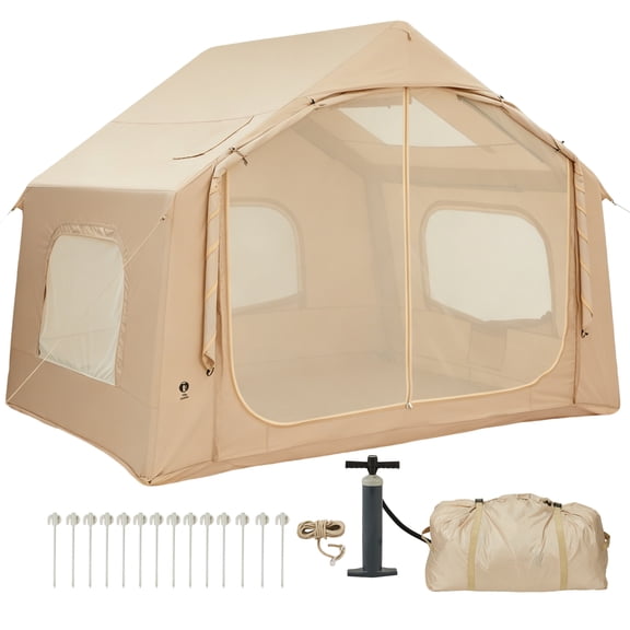 Inflatable Camping Tent, 3-5 Person Blow Up Air Tent with Hand Pump, 5-Minute Setup, Stove Jack for Winter Camping,Party,TPU Air Beams and Skylight