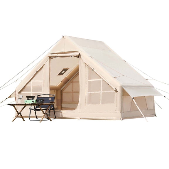 Inflatable Camping Tent 3-5 Person, Blow Up Tent with Pump, 4 Season Glamping Tent with Stove Jack, 300D Oxford, 2 Doors & Windows