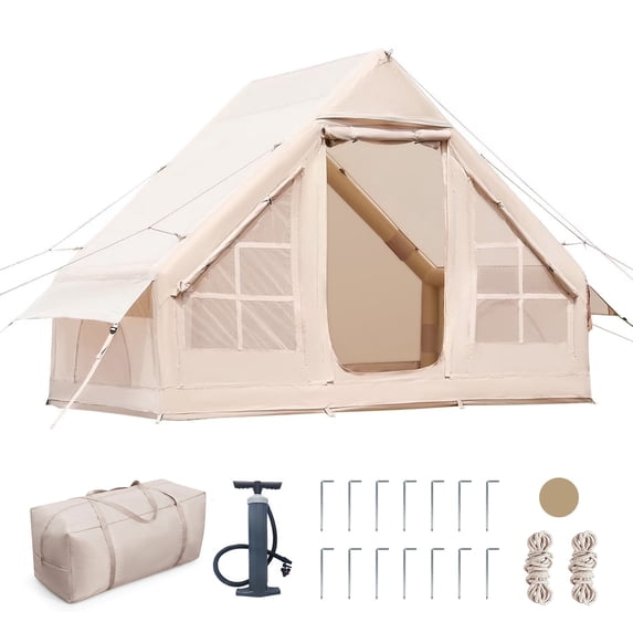 Inflatable Camping Tent – 420D Oxford Waterproof, Easy Setup Blow Up Tent with Hand Pump, Storage Bag, Glamping Air Cabin for 4-6 Adults