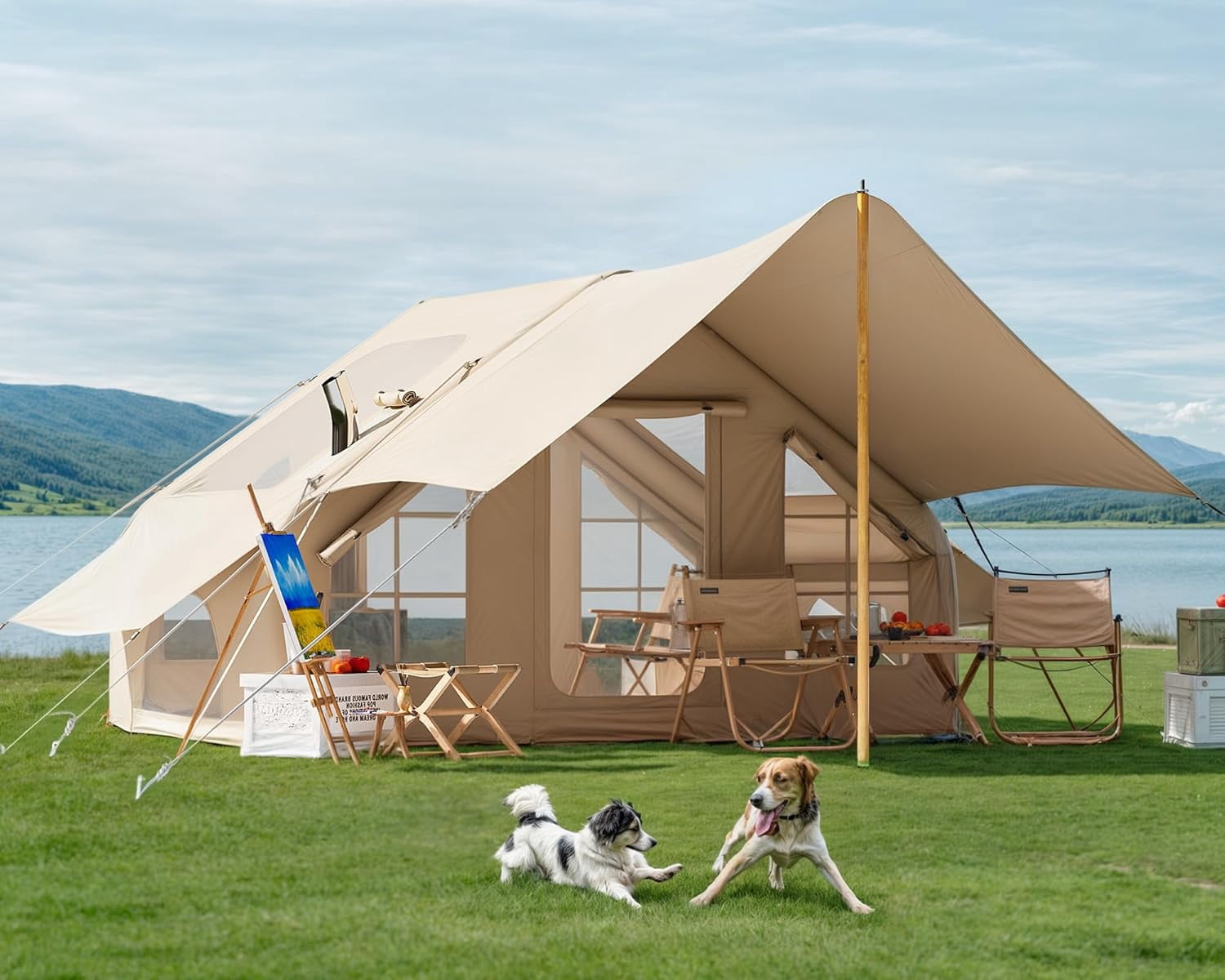 Inflatable Camping Tent with Pump & 1/2 Awnings, 4-8 Person Air Tents for Camping Adult, Large Waterproof Oxford Family Glamping Tent, Quick Setup Big Tent for Outdoor Camping