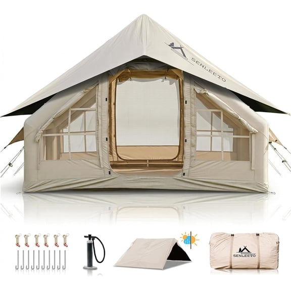 9.8' x 7' Inflatable Camping Tent,4 Season Blow up Tents for Camping, 4-6 Person Inflatable Tent with Stove Jack,Air Tents,Glamping Tent,Waterproof Luxury House with Mesh Window