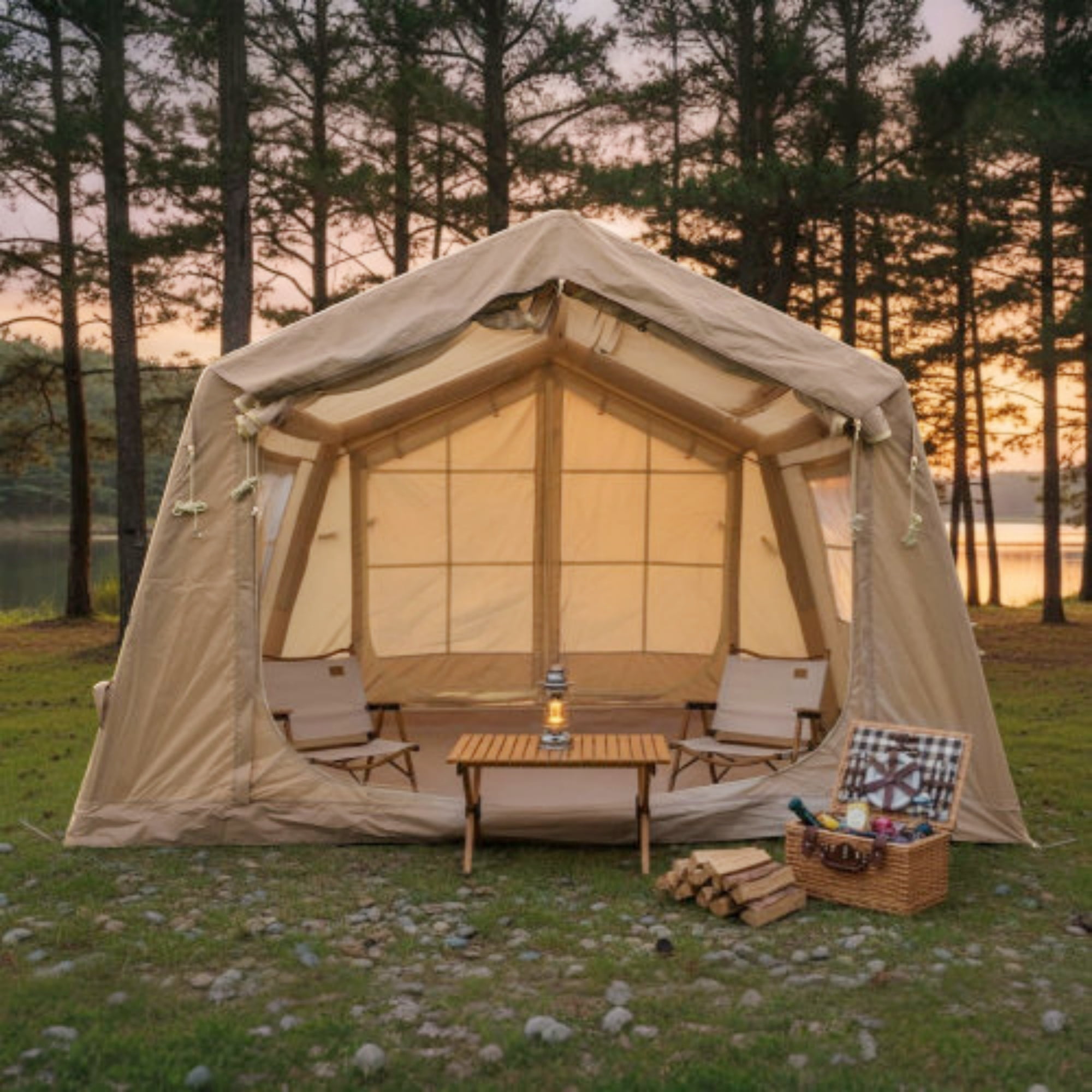 Inflatable Camping Tent with Stove Jack & AC Port, 8m² 4 Season Blow Up Tent for 4-6 Person, Waterproof Air Glamping Shelter for Hot Tent Camping, Beige