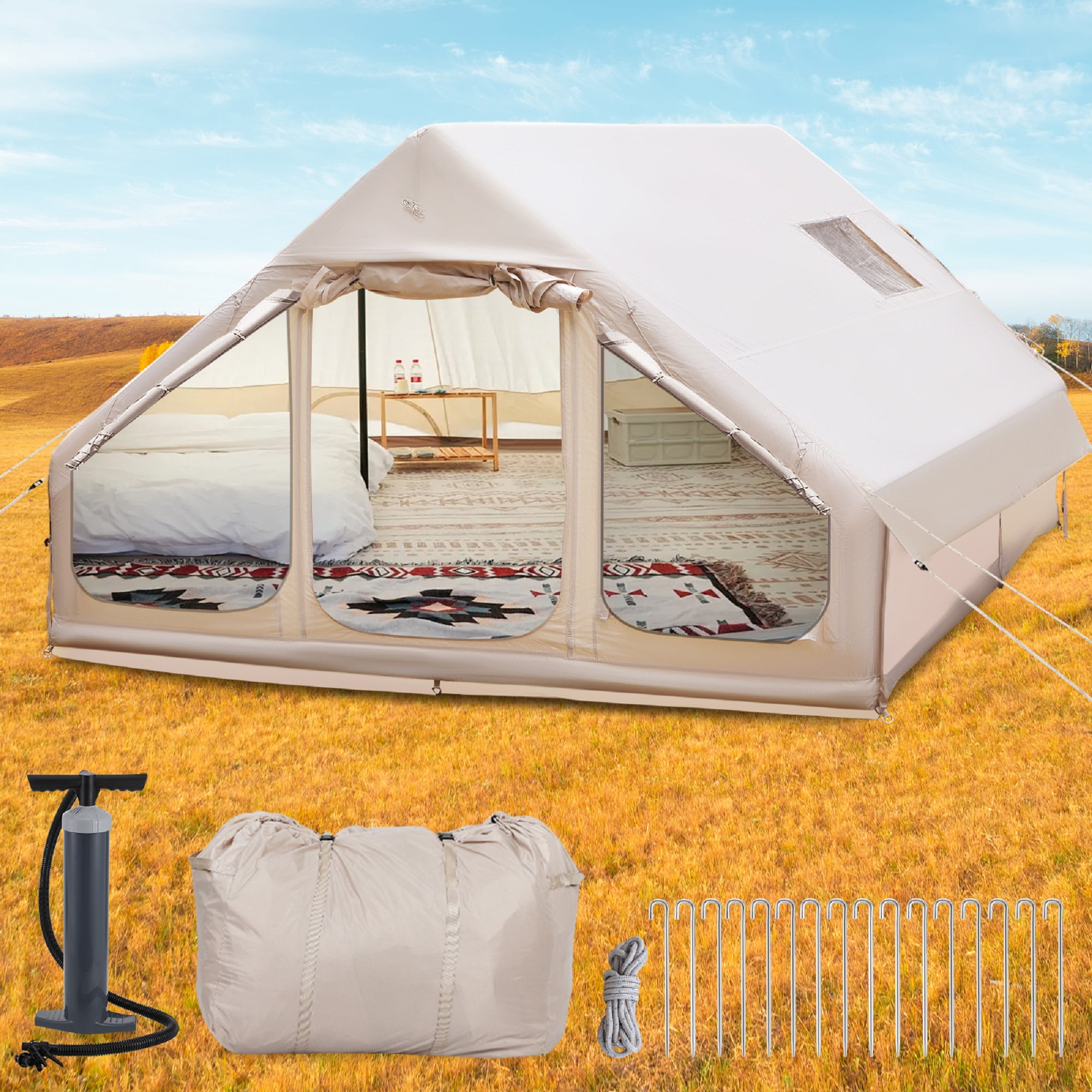 Hemoton Beige Inflatable Tent 420D Oxford Cloth Waterproof for Outdoor Camping