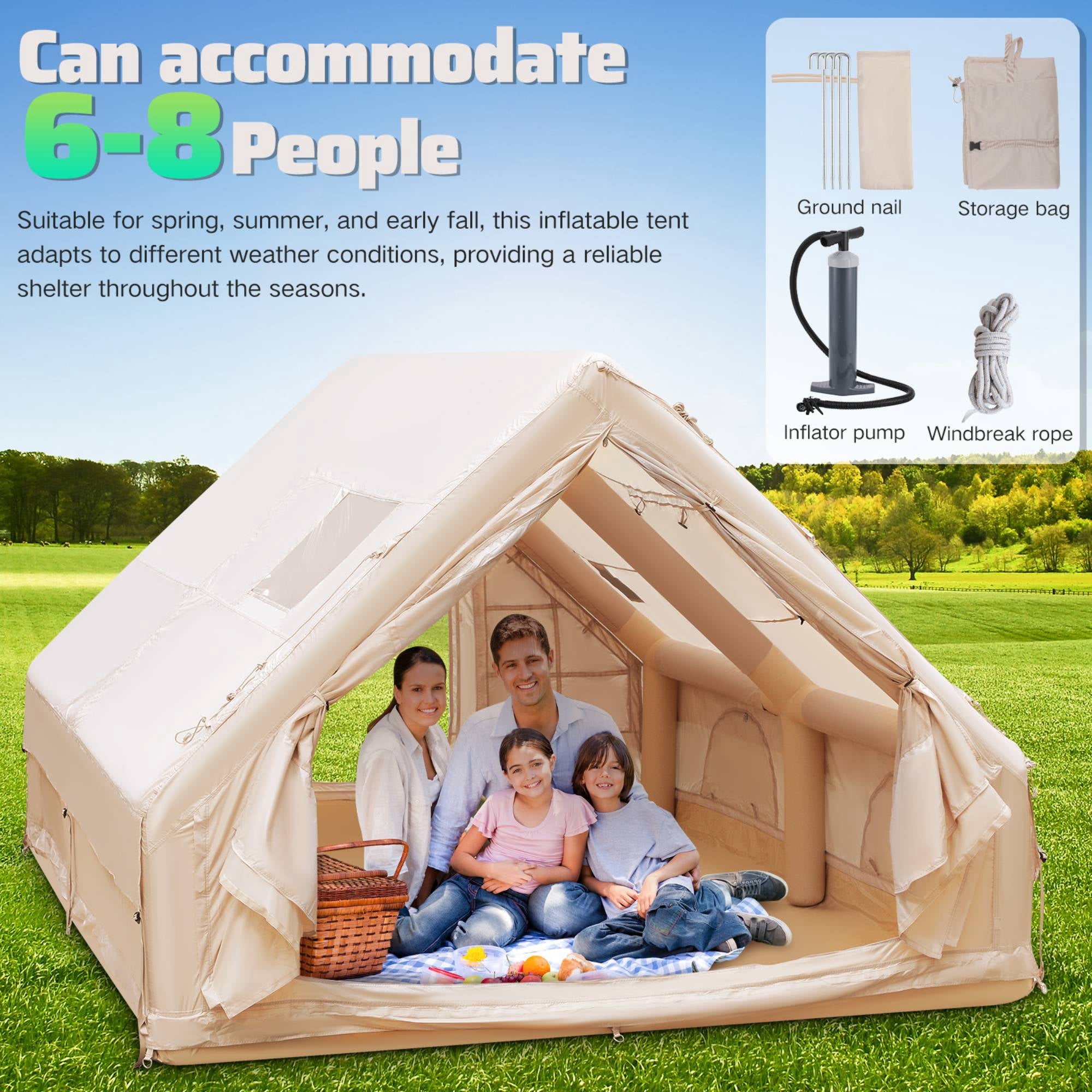 PartyKindom Inflatable Tent Beige 420D Oxford Cloth PVC Waterproof Easy Setup for Outdoor Camping
