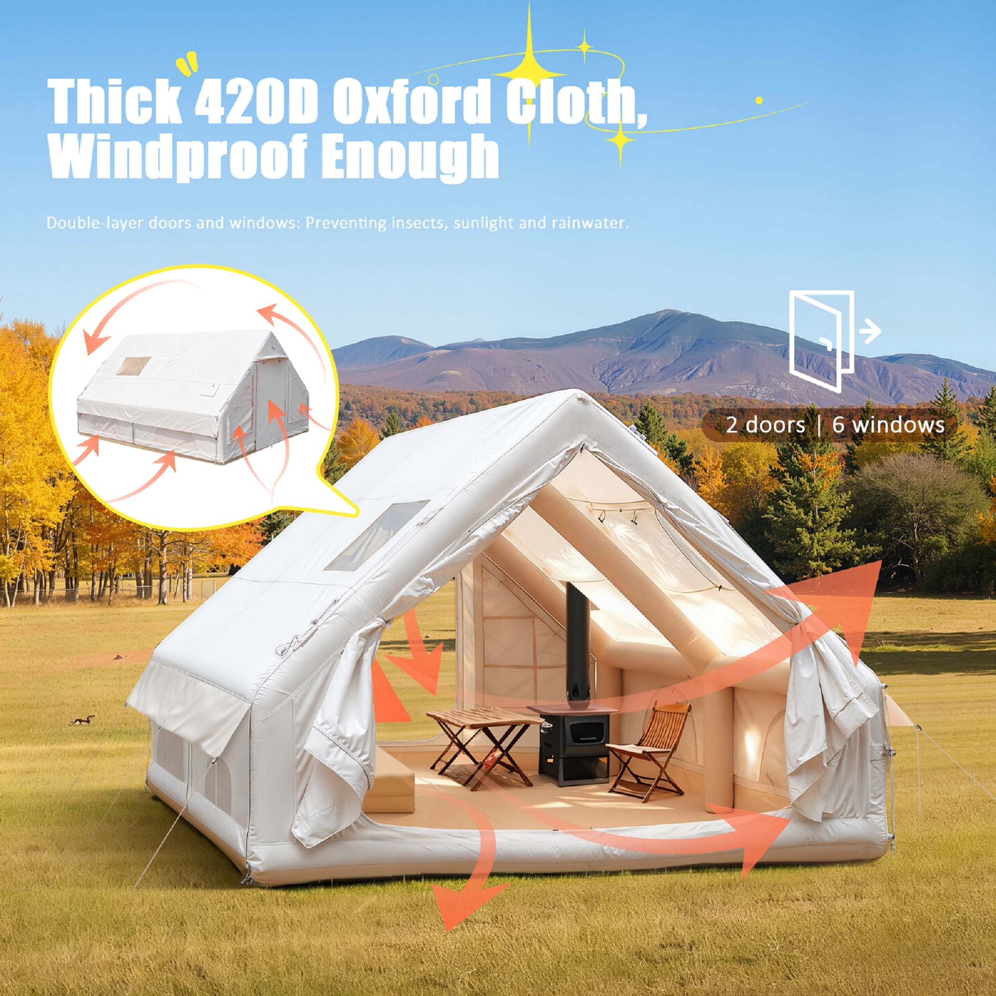 Foxnovo Beige Inflatable Camping Tent for Adults with Easy Setup Weatherproof Design and Enhanced Ventilation 420d Oxford Cloth