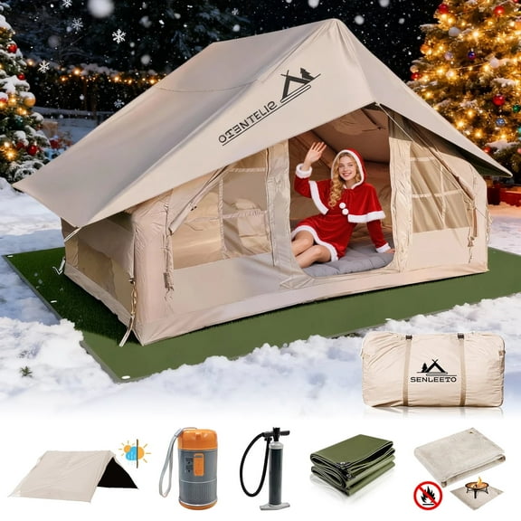 Inflatable Camping Tents 2-4Person,67.8 Square Feets Large Inflatable Camping Tent with Stove Jack,Blow up Tent with Mesh Windows & Pump