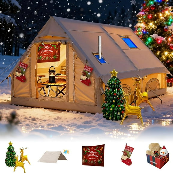 Inflatable Camping Tents 4-8 Person,129 Square Feets Large Inflatable Camping Tent with Stove Jack,Blow up Tent with Mesh Windows & Pump,Easy Setup 4 Season Glamping Tents Waterproof