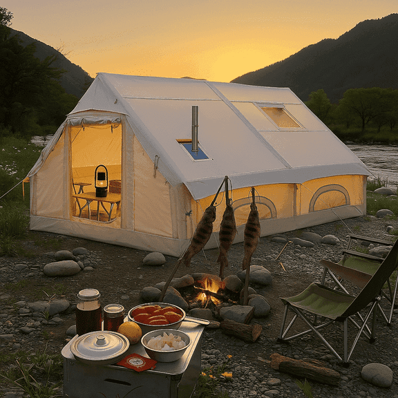 Inflatable Camping Tents 8-10 Person,129 Square Feets Large Inflatable Camping Tent with Stove Jack,Blow up Tent with Mesh Windows & Pump,Easy Setup 4 Season Glamping Tents Waterproof