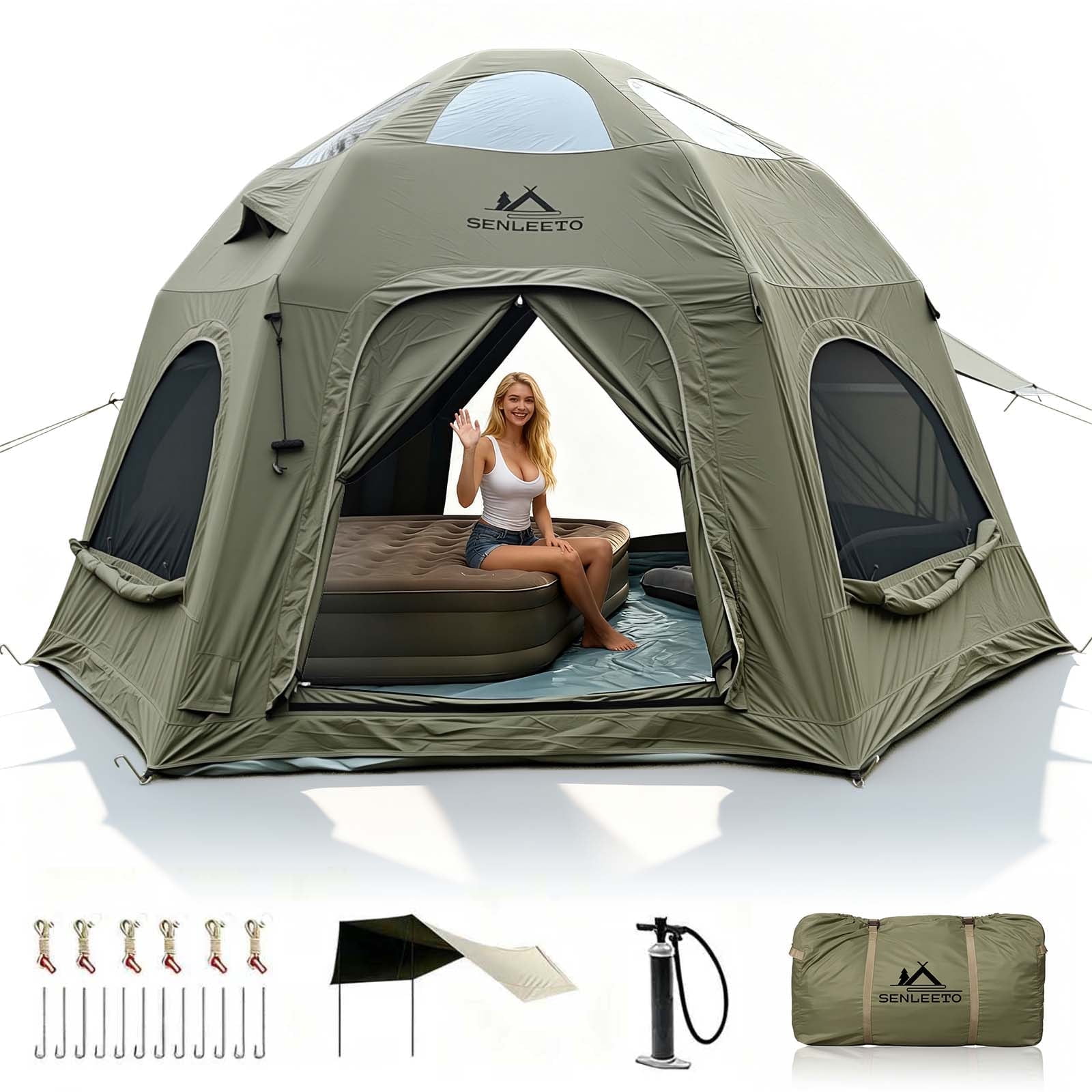 Inflatable Camping Tents 8-10 Person,129 Square Feets Large Inflatable Camping Tent with Stove Jack,Blow up Tent with Mesh Windows & Pump