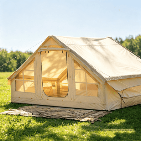Inflatable Camping Tents with Hand Pump, Air Glamping Tents, Easy Setup Waterproof and Windproof Blow up Tent, 4 Seasons Oxford Cabin Tent with Mesh & Chimney Window.