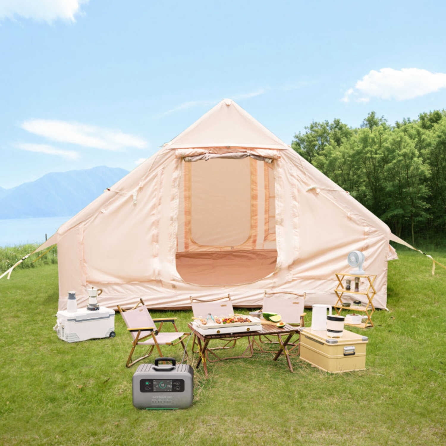 Inflatable Camping Tents with Hand Pump, Air Glamping Tents, Easy Setup Waterproof and Windproof Blow up Tent, 4 Seasons Oxford Cabin Tent with Mesh & Chimney Window.