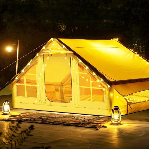 Inflatable Camping Tents with Hand Pump, Air Glamping Tents, Easy Setup Waterproof and Windproof Blow up Tent, 4 Seasons Oxford Cabin Tent with Mesh & Chimney Window.