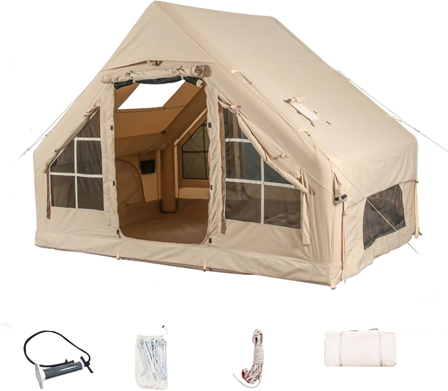 Inflatable Camping Tents With Hand Pump, Air Glamping Tents, Easy SetupWaterproofand Windproof Blow Up Tent, 4 Seasons Oxford Cabin Tent With esh &ChimneyWindow.