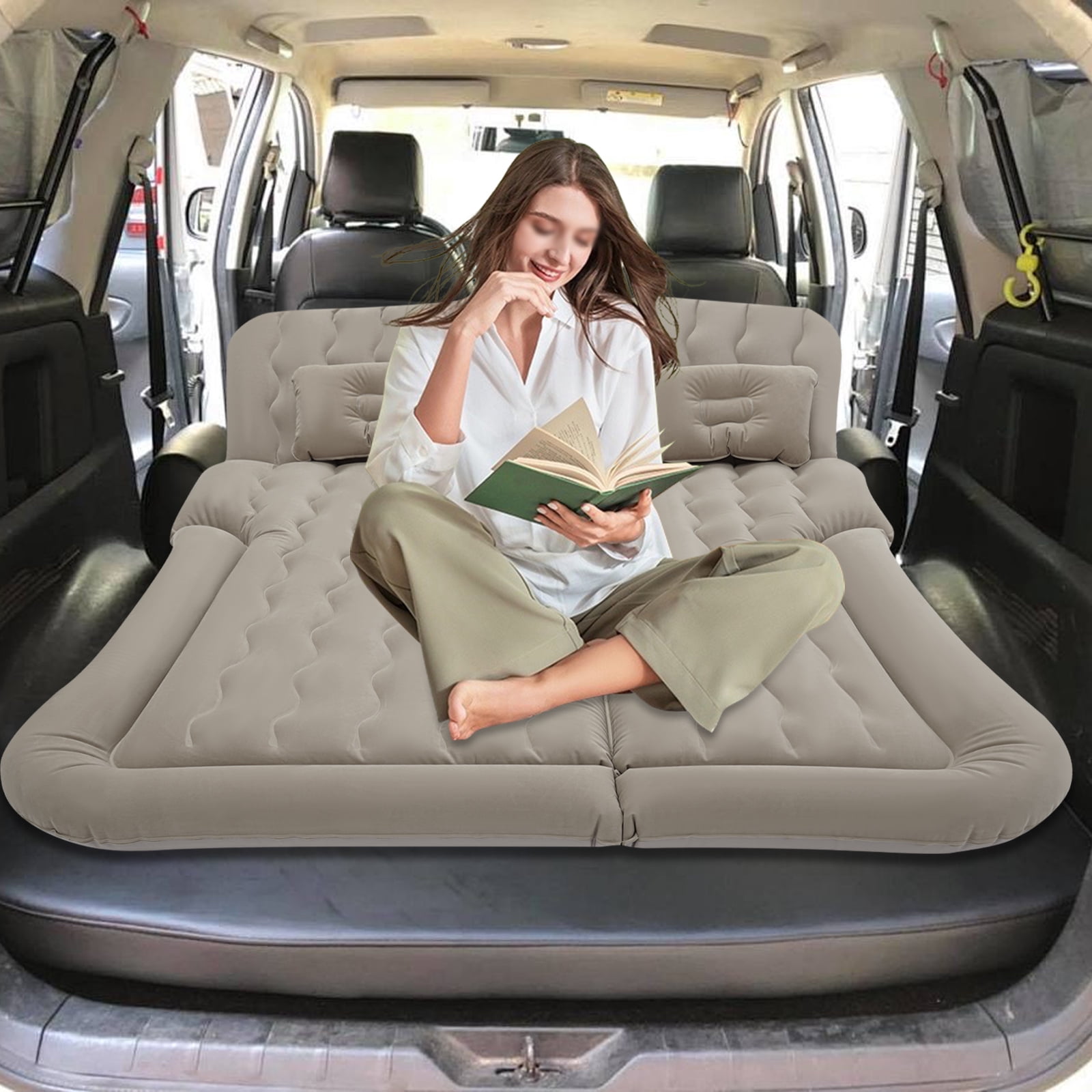 Inflatable Car Air Bed, Universal SUV Air Mattress, Car Sleeping Mattress, Car Airbed, Camping Sleeping Bed with Air Pillows, Air Cushions, Air Pump, Storage Bag (Grey)