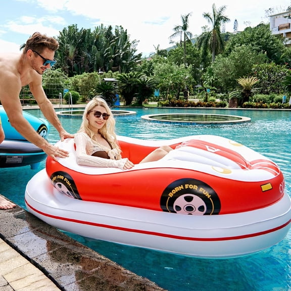 Inflatable Car Boat - Motorized Bumper Boats for Pool, Motorized Pool Lounger for Adults,Spin & Turn,Wide Stable Base,Cordless Air Pump Included (Red)