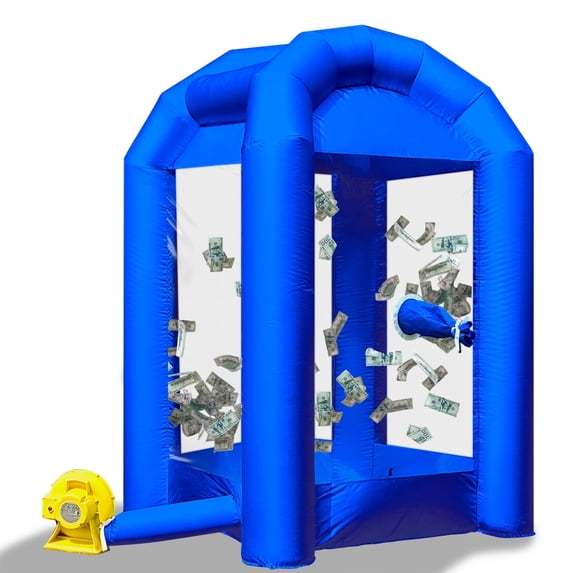 Inflatable Cash Cube Booth with Blower 8.2x5.2 x 5.2 ft Inflatable Money Grab Machine for Business Advertising Event Promotion(Bule)