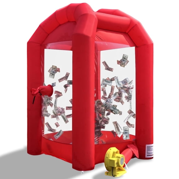 Inflatable Cash Cube Booth with Blower 8.2 x 5.2 x 5.2 ft Red Money Grab Machine for Business Advertising, Event Promotion and Weddings Activities