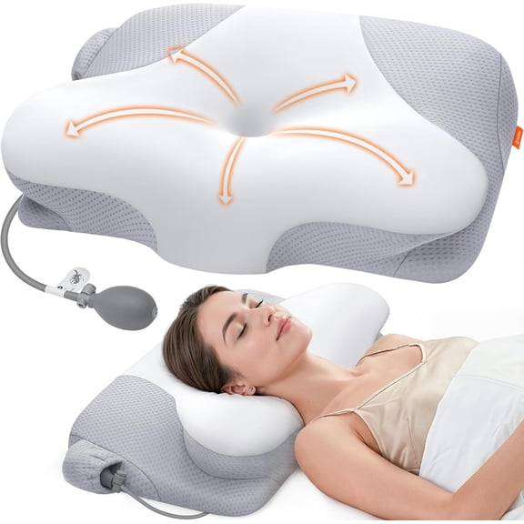 Inflatable Cervical Neck Pillow for Sleeping with Adjustable Support, Ergonomic Memory Foam Cloud Pillow, Neck Support Pillow for Back, Side & Stomach Sleepers, Posture Pillow with Ice Silk Pillowcas