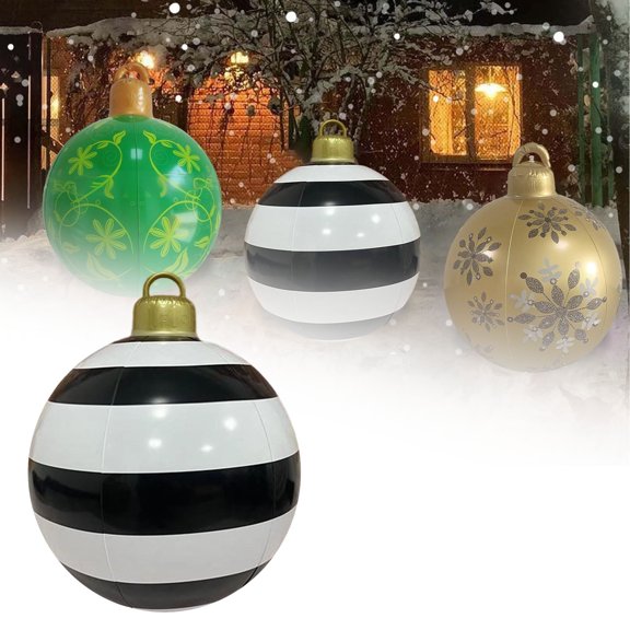 Inflatable Christmas Ball, Giant Inflatable Ball With Striped Bands And Snowflake For Christmas Decorations On A Porch Eave A Front Lawn And A Tree
