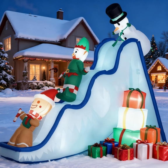 Inflatable Christmas Slide Decor, with Elf, Gingerbread Man, Snowman & Lighted Gifts, Outdoor Holiday Yard Decor