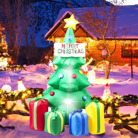 KINQUINN 5.2 ft Christmas Inflatable Tree with 4 Gift Boxes & Built-in LED Lights, blow-up Yard Decor for Indoor Lawn Holiday Party