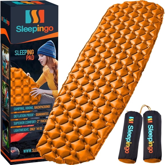 Inflatable Compact Sleeping Mat for Backpacking and Hiking 2-Pack, Orange, 73.5" x 21.5", Waterproof Ripstop Nylon