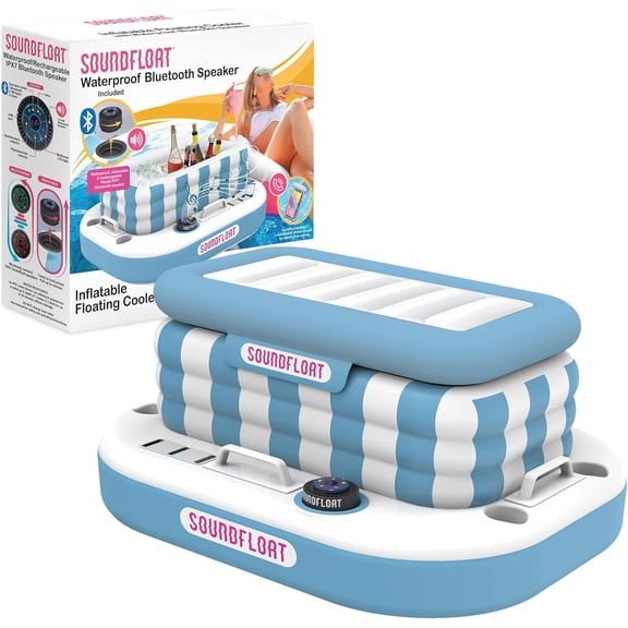 Inflatable Cooler with Lid, Bluetooth 5 IPX7 Waterproof Speaker, 6 Cup Holders, 24 Can Capacity, Floating Pool Bar, Durable Handles, Beach Party, Pool Accessories for Adults,