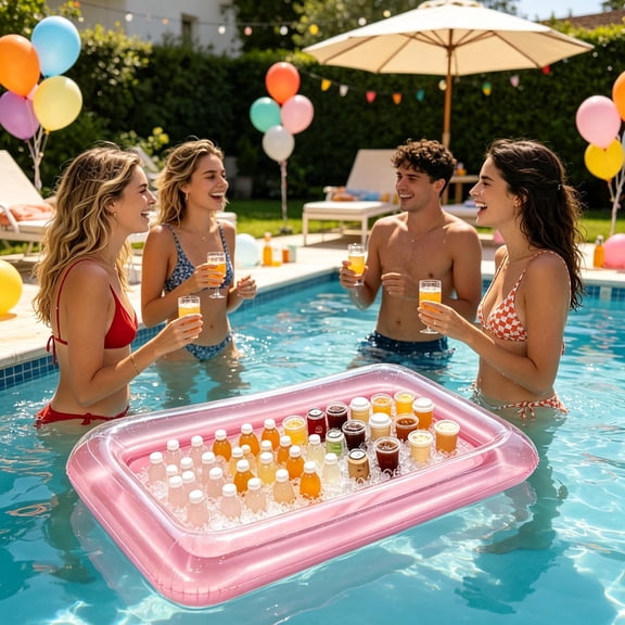 Inflatable Cooler Pool Bar Floating Ice Tray with Cup Holders Thickened PVC Beverage Float for Pool Lake Beach Summer Party