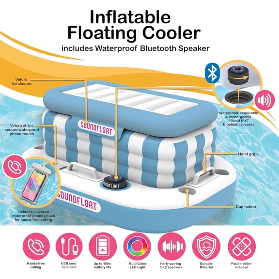 Inflatable Cooler with Bluetooth Speaker, 6 Cup Holders, 24 Can Capacity, Waterproof Pool Bar for Beach Party