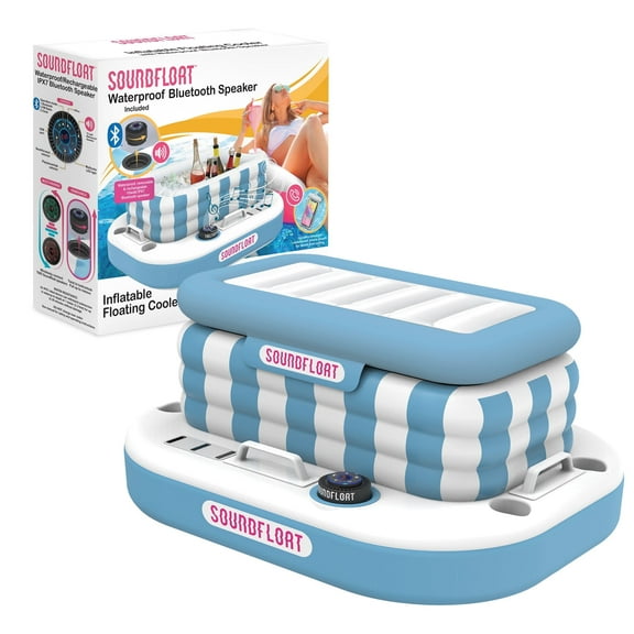SOUNDFLOAT Inflatable Pool Float Beverage Cooler with Bluetooth Speaker, Blue/White