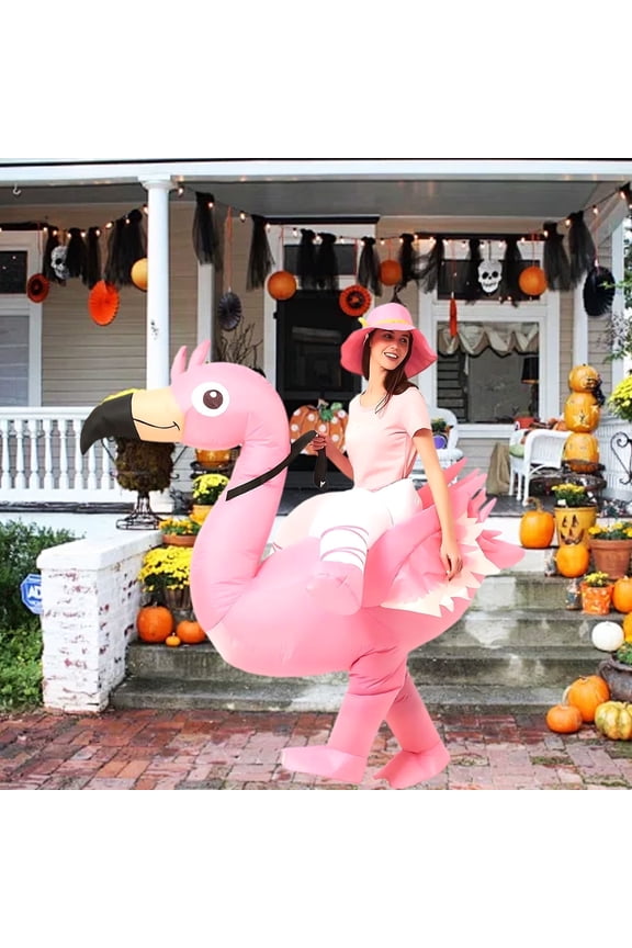 Adult Riding Flamingo Inflatable Costume, Funny Blow Up Dress Up Outfit, Halloween Party Decoration Clothing, Fits Height 4.9-6.2 ft