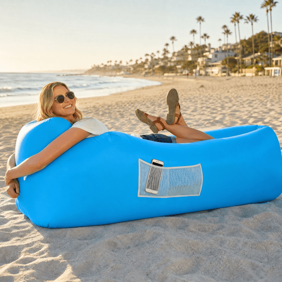 Inflatable Couch Air Lounger Chair - Portable Blow Up Sofa for Camping, Beach & Music Festivals, No Pump Required, Lightweight 2lb Air Hammock with Pillow Headrest, Blue